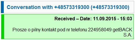 getback wysyła SMSy nękające