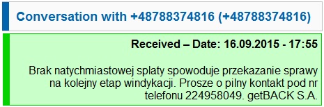 getback wysyła SMSy nękające