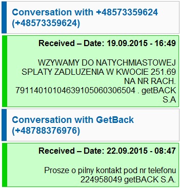 getback wysyła SMSy nękające