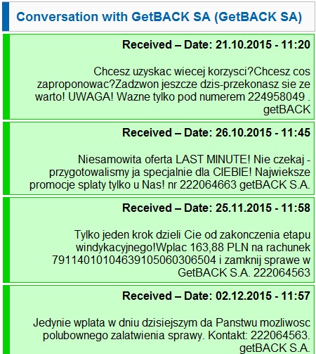 getback wysyła SMSy nękające