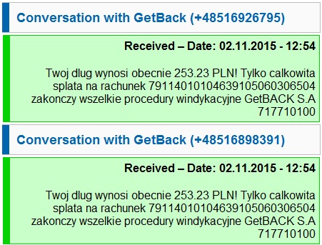 getback wysyła SMSy nękające