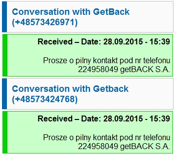 getback wysyła SMSy nękające