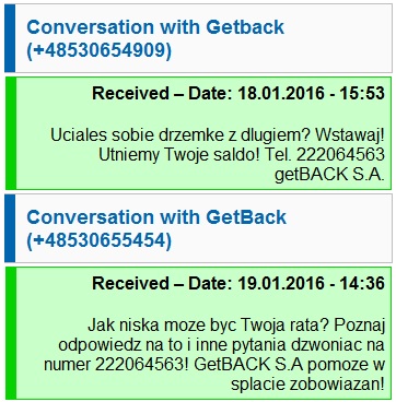 getback wysyła SMSy nękające