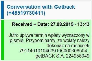 getback wysyła SMSy nękające