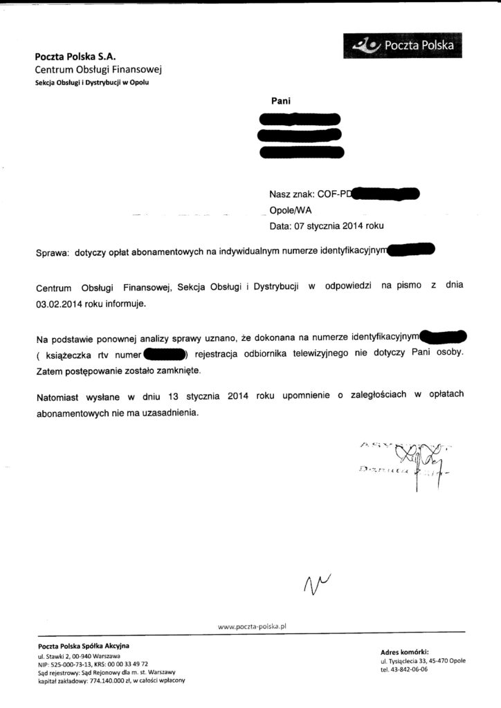 W odpowiedzi przesłano pismo ( z błędem w dacie ), w którym wyjaśniono, że wezwanie do zapłaty około 1400,00 złotych jest zwykłym nieporozumieniem…