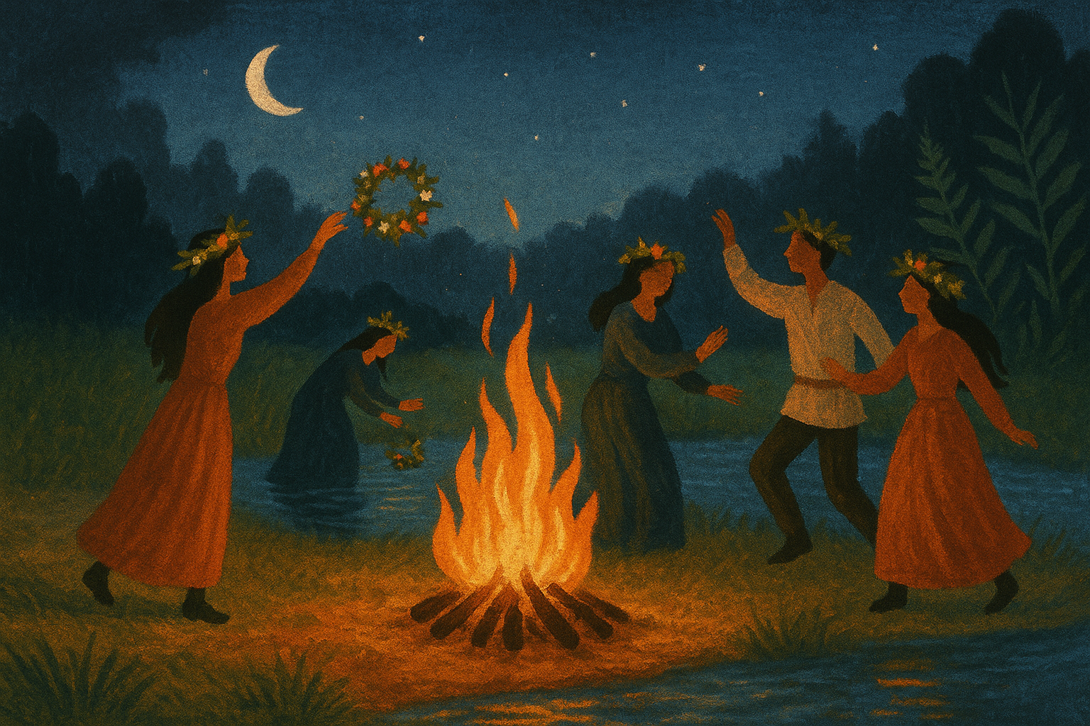 Noc Kupały — nieświętojańska, dzika i pełna znaczeń: puszczanie wianków, poszukiwanie kwiatu paproci, nagie tańce przy ognisku i obrzędy, które miały chronić wspólnotę i zapewnić płodność. Tekst odsłania, jak daleko od chrześcijańskich upiększeń sięgały dawne zwyczaje, kim byli „filip z konopi” i topielice, oraz jak społeczne reguły i seksualne role kształtowały życie wsi przed wiekami.