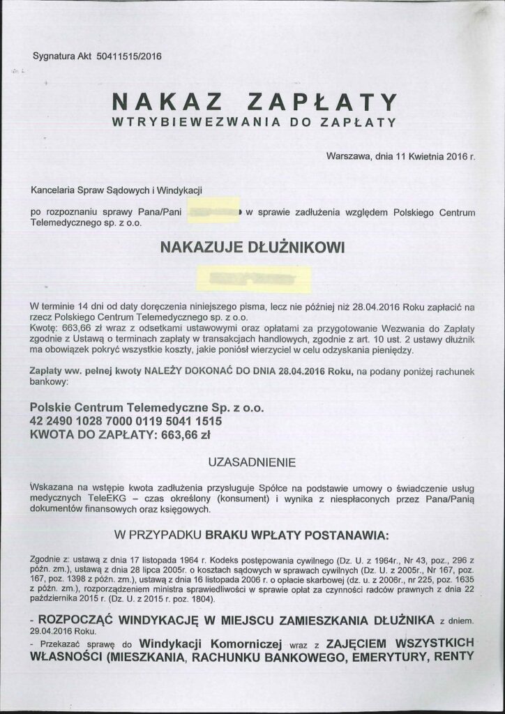 Urząd przyjrzał się manipulacjom informacjami przekazywanymi konsumentom oraz mylącym formom graficznym wezwań do zapłaty wysyłanych przez Kancelarię Spraw Sądowych i Windykacyjnych w imieniu Polskiego Centrum Telemedycznego