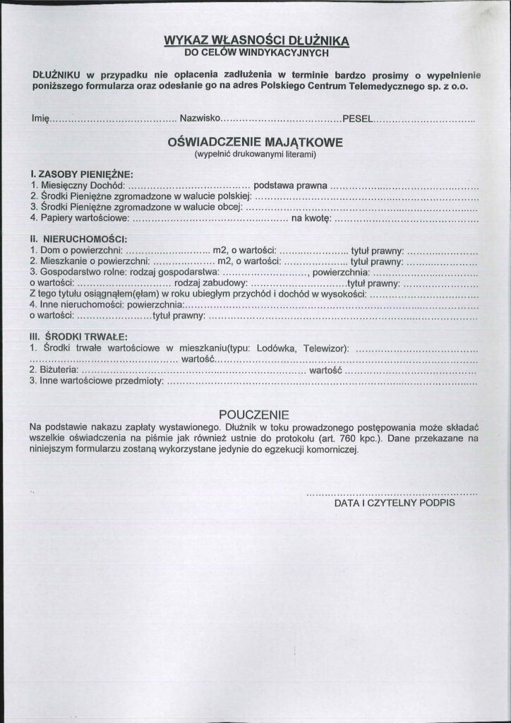 WYKAZ własności dłużnika do celów windykacyjnych